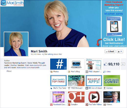 Mari Smith takes advantage of Facebook's new Timeline cover rules.