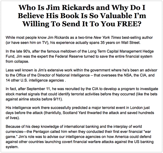 Landing page copy about Jim Rickards.