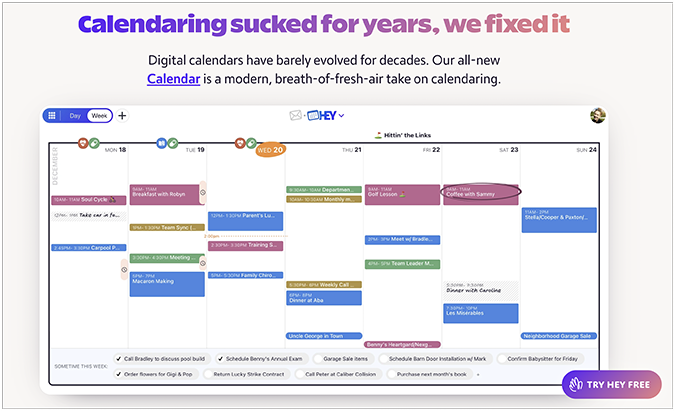 Landing page for Hey about a new calendar.