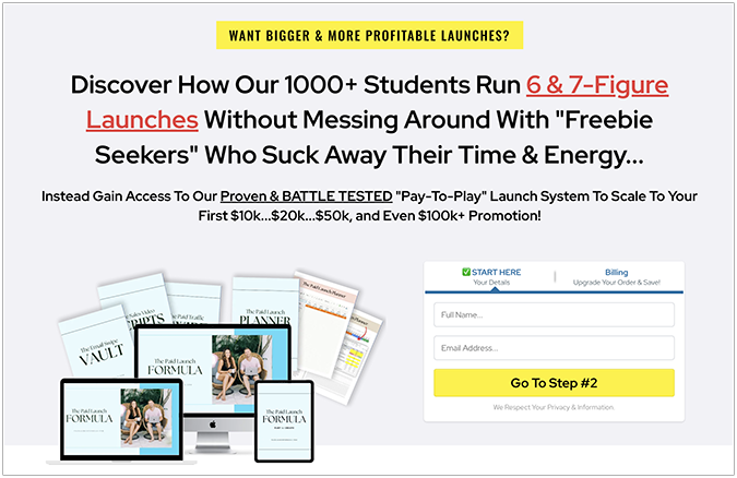 Page to sign up for a course about profitable launches.