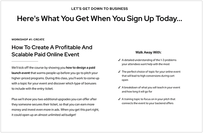 Landing page with information about what you get when you sign up.