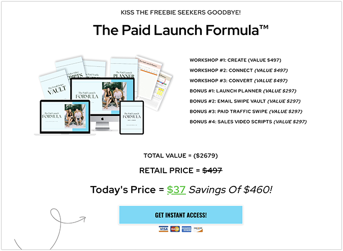 Landing page for paid launch formula course.