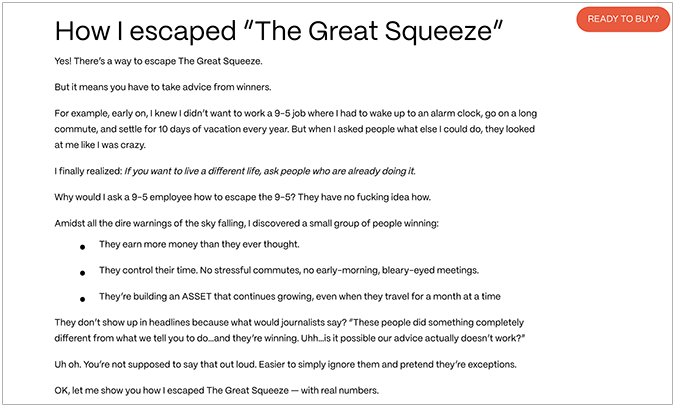 Ramit Sethi’s Earnable Course landing page about escaping the great squeeze.