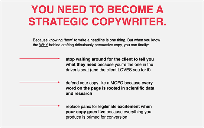 Copyhackers’ Copy School landing page about becoming a strategic copywriter