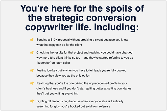 Copyhackers’ Copy School landing page about becoming a strategic copywriter continued