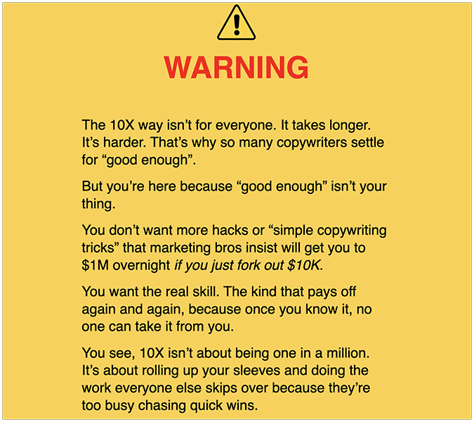 Copyhackers’ Copy School landing page warning