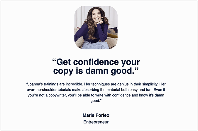 Copyhackers’ Copy School landing page with testimonial