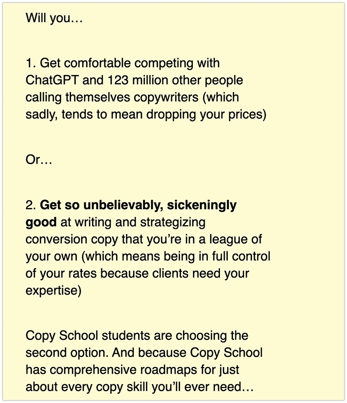 Copyhackers’ Copy School landing page with the title