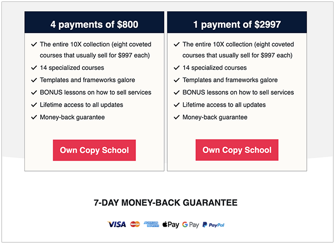 Copyhackers’ Copy School landing page to sign up