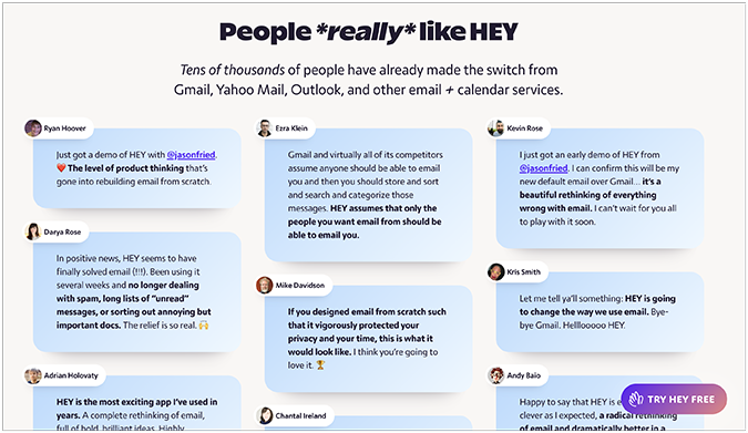 37Signals’ Hey.com testimonials