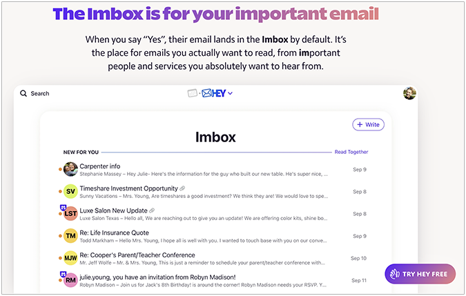 37Signals’ Hey.com Imbox landing page