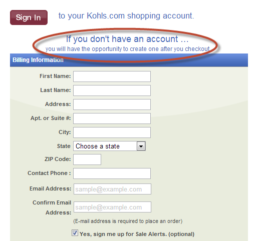 screenshot of checkout form