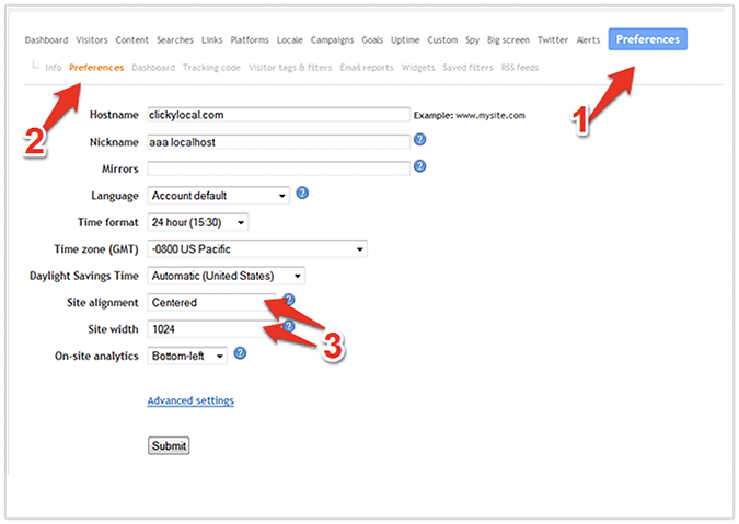 Clicky preferences page with four red arrows pointing to 3 steps to setup specific preferences.