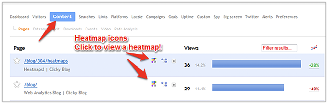 Arrows pointing to the heatmap selection buttons for webpages listed.