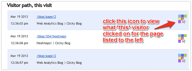 Visitor path information in Clicky with arrow pointing to icon to click to see what visitor clicked on.
