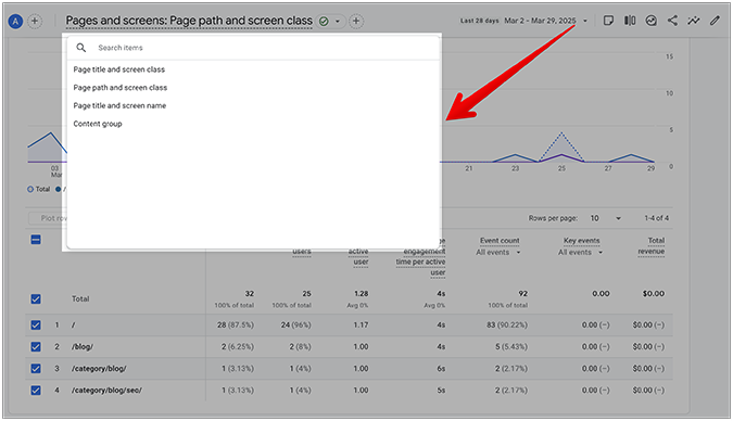 Customization options for GA4 Pages and Screens report with a list of options shown.