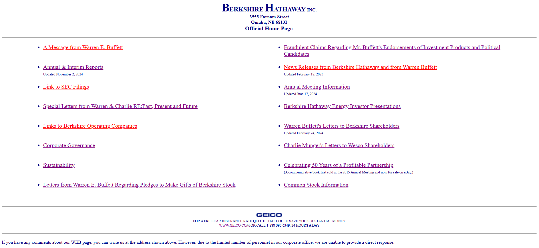 Berkshire Hathaway website with notices for shareholders listed. 