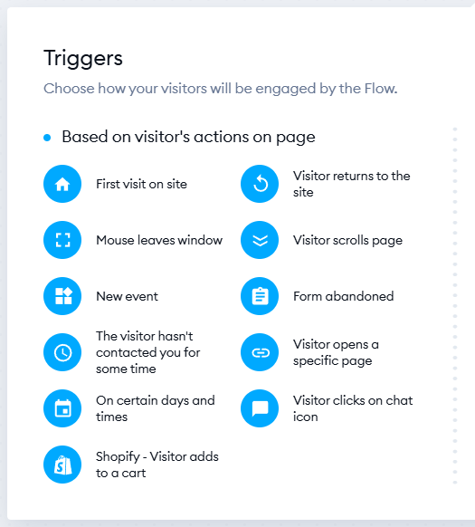 Live chat trigger options including page visit, exit intent, and form abandonment