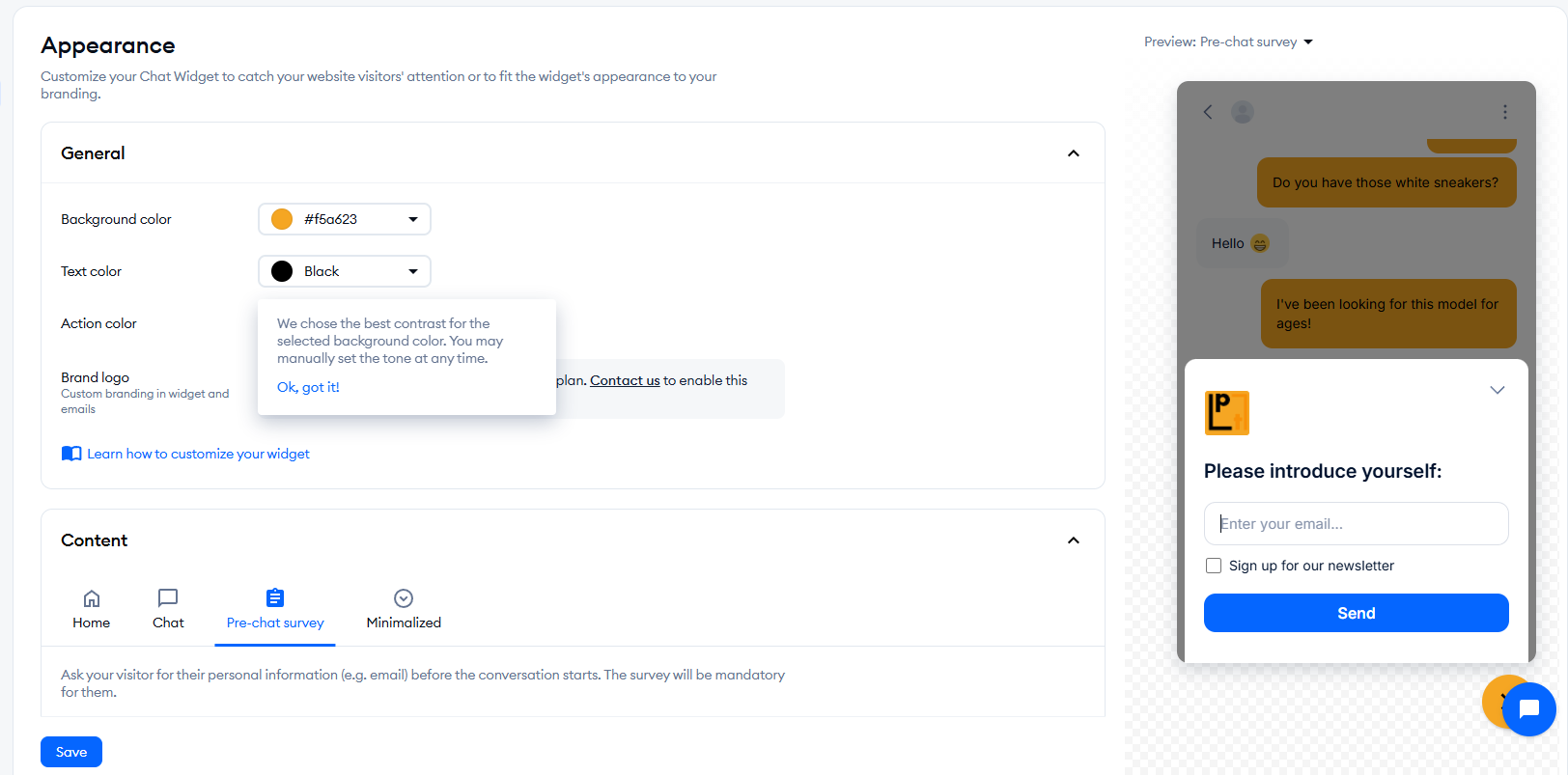 Chat widget appearance settings with pre-chat survey email capture preview