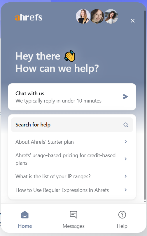 Ahrefs live chat widget showing support options and help articles