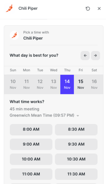 Chili Piper in-chat calendar booking interface for scheduling a 45-minute meeting