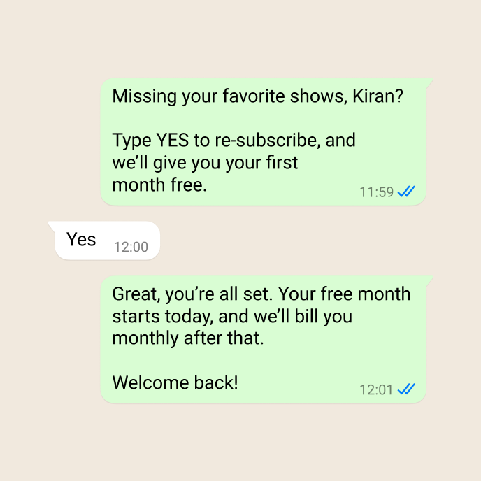 SMS conversation offering a free month to win back a churned subscriber