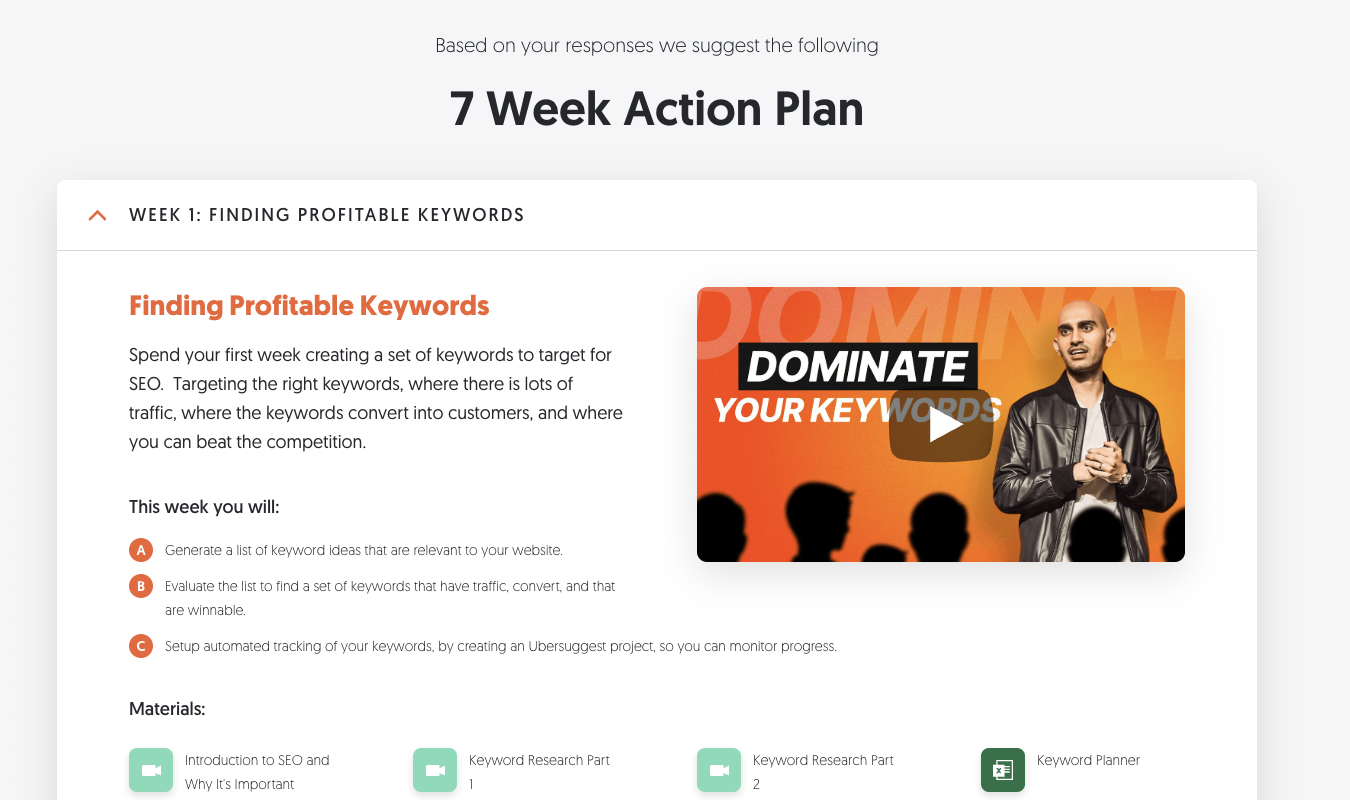 Neil Patel 7 Week Action Plan page