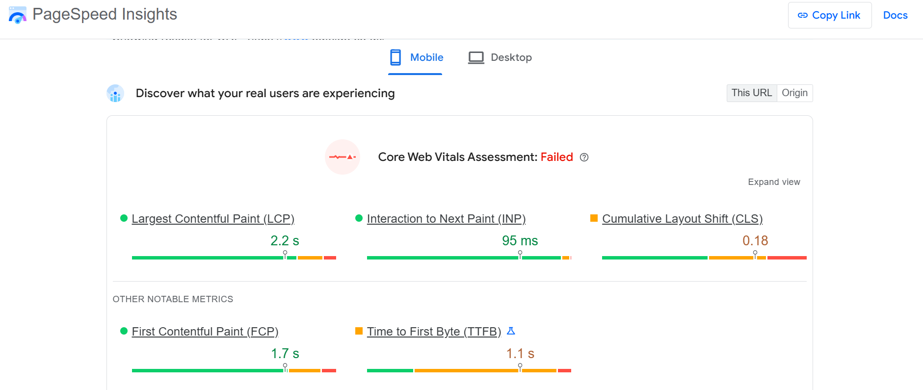 Google PageSpeed Insights mobile Core Web Vitals showing failed CLS score.