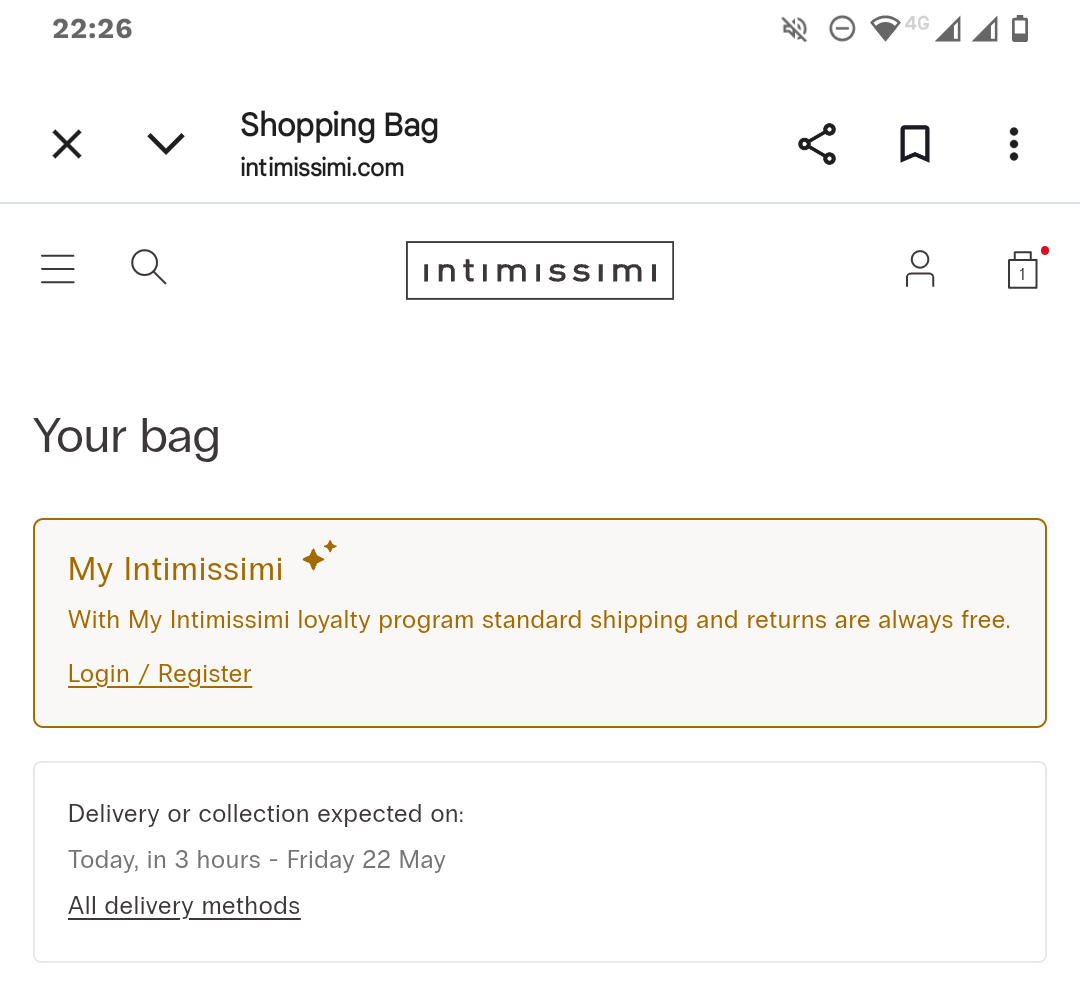 Intimissimi mobile shopping bag with loyalty program prompt and delivery estimate.