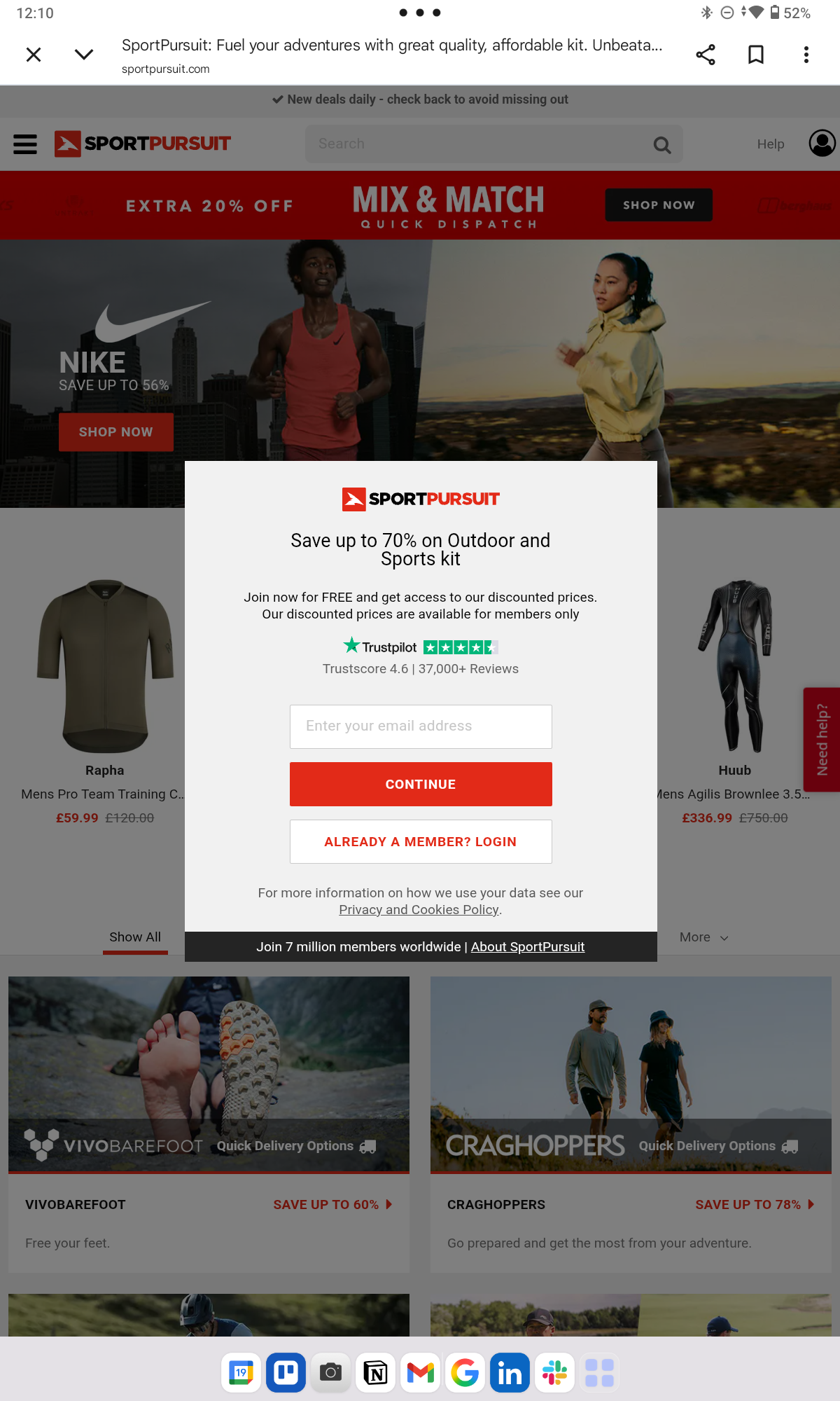SportPursuit homepage with email signup modal overlay.