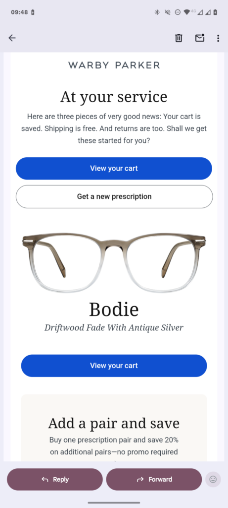 Warby Parker abandoned cart email showing saved glasses and cart recovery CTAs.