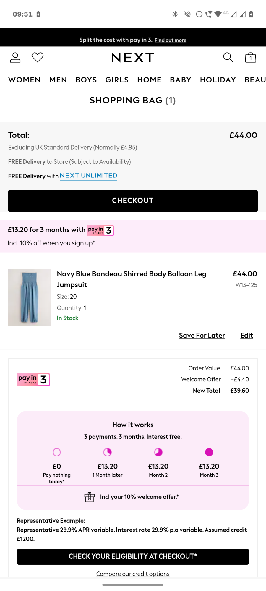 Next shopping bag page showing Pay in 3 installment option for a jumpsuit.