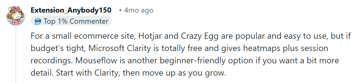 Reddit comment recommending Crazy Egg, Hotjar, and Microsoft Clarity as heatmap tools for small ecommerce sites.