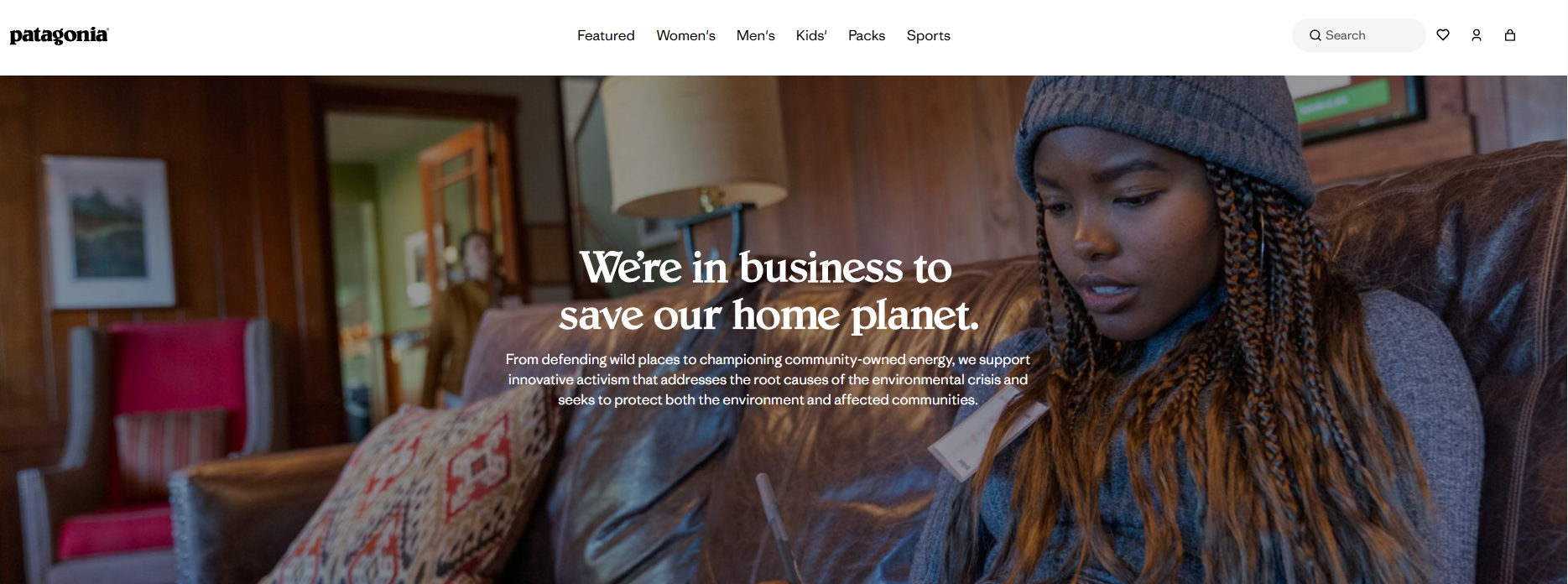 Patagonia homepage hero banner with the brand mission statement "We're in business to save our home planet."