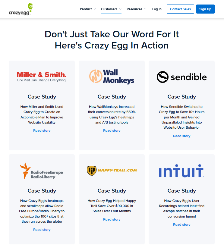 Crazy Egg customer case studies page featuring six client logos with brief descriptions and read story links.