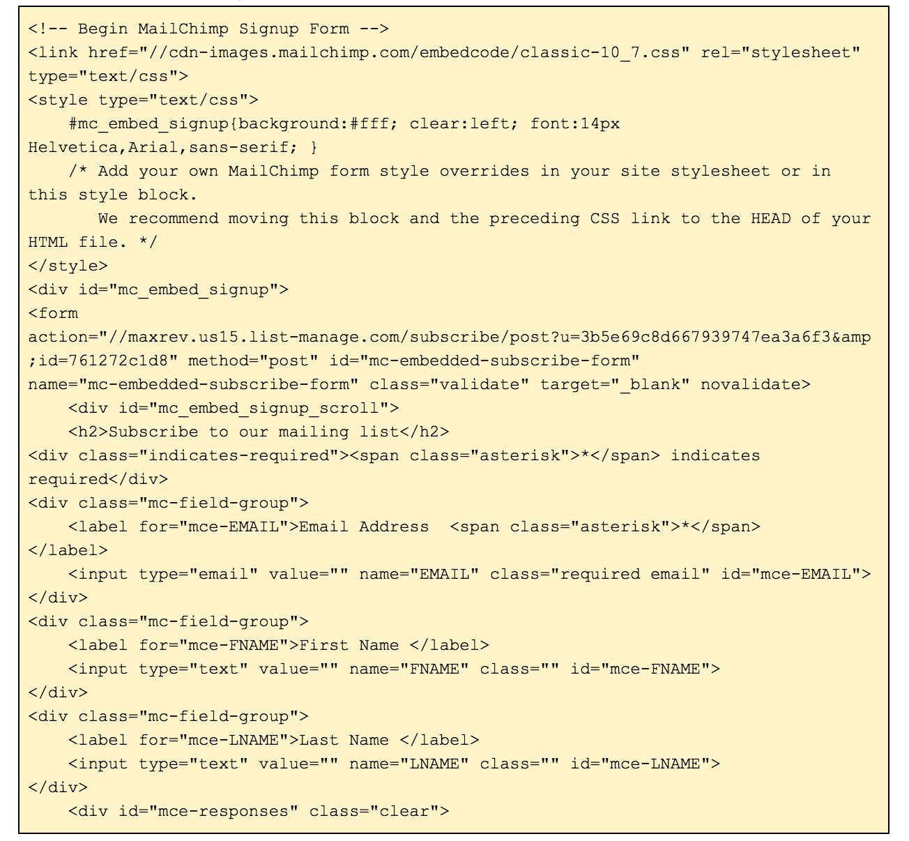Mailchimp embedded code