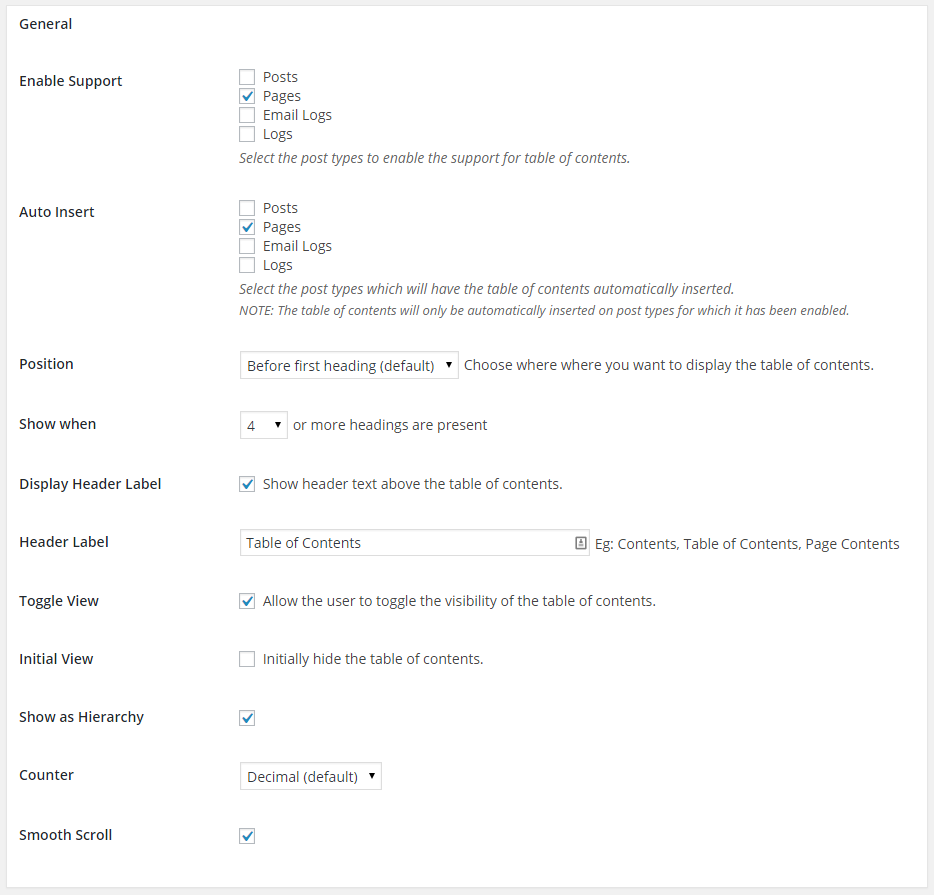 google index easy table contents