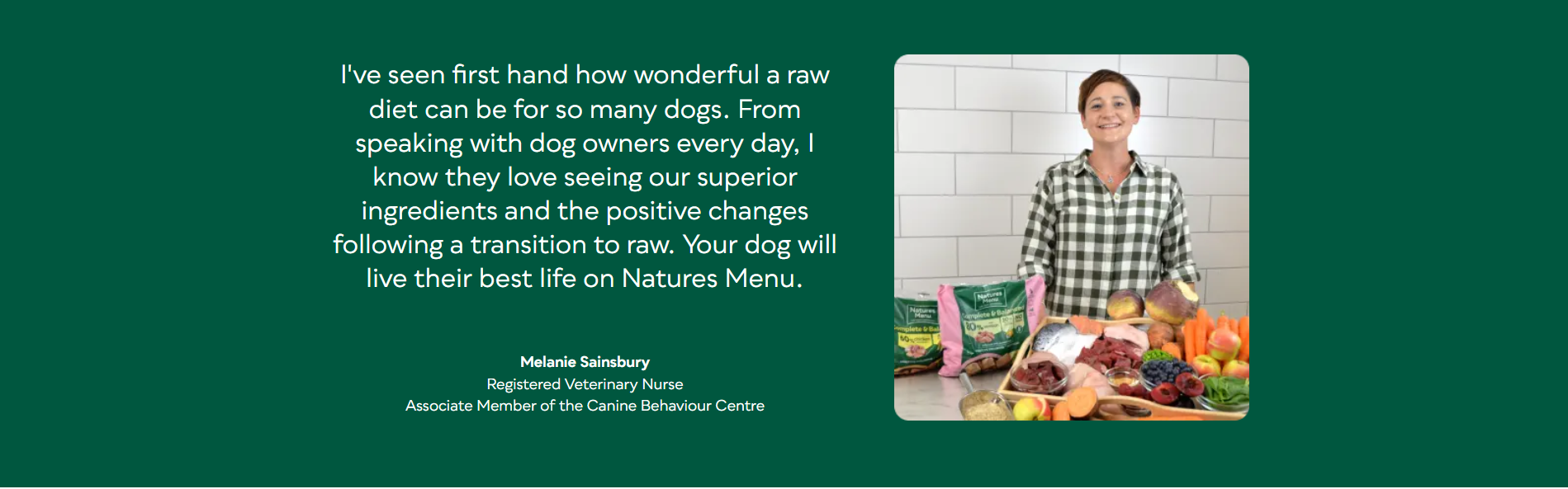 Natures Menu quote from a registered veterinary nurse endorsing raw dog food