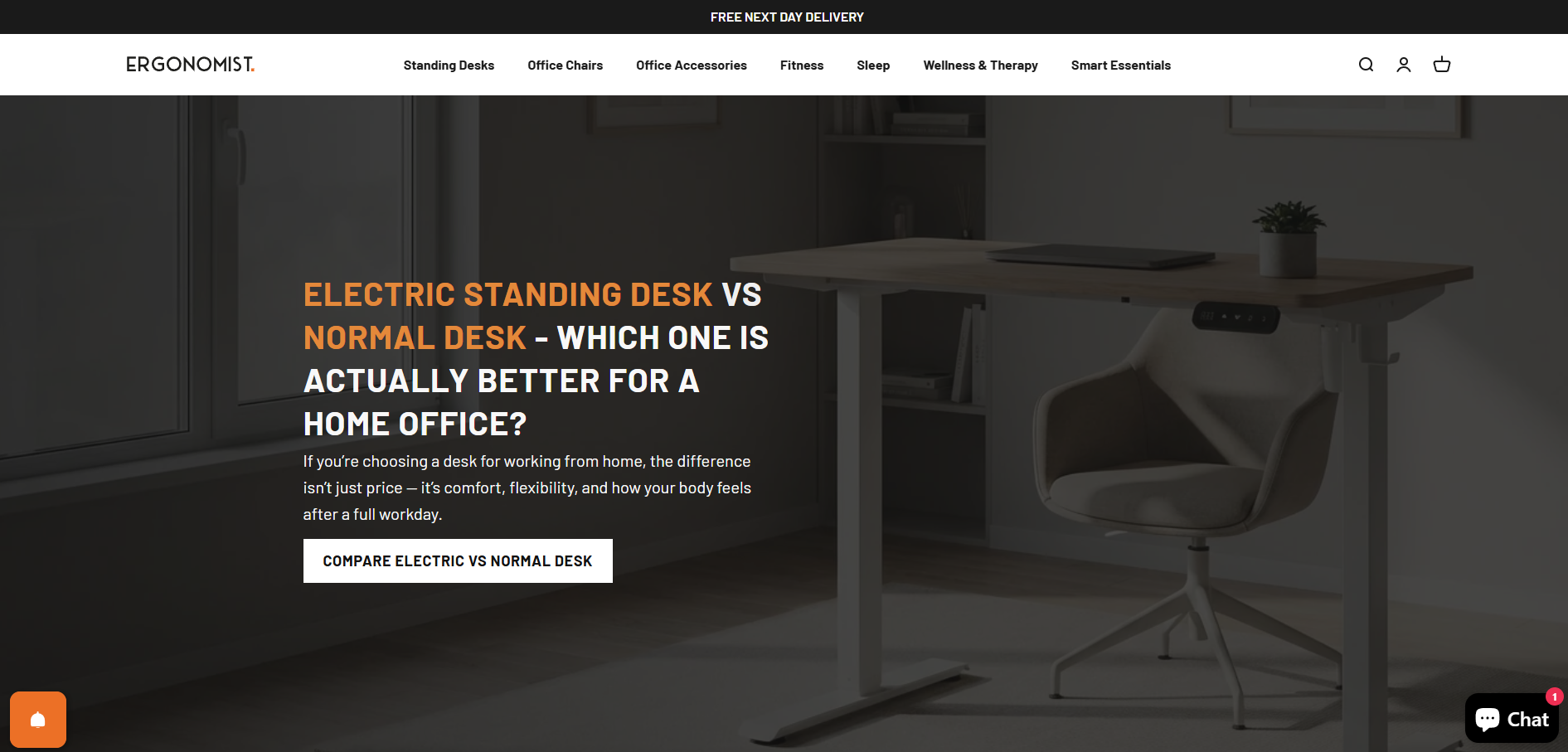 Ergonomist blog banner comparing electric standing desk to normal desk in home office
