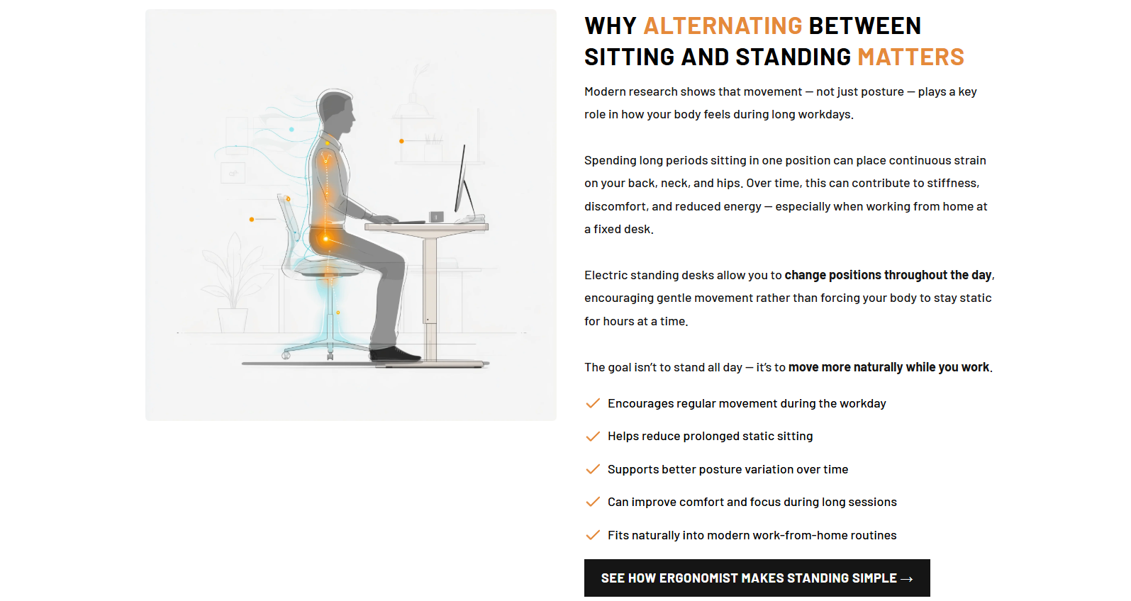 Ergonomist infographic explaining why alternating between sitting and standing matters