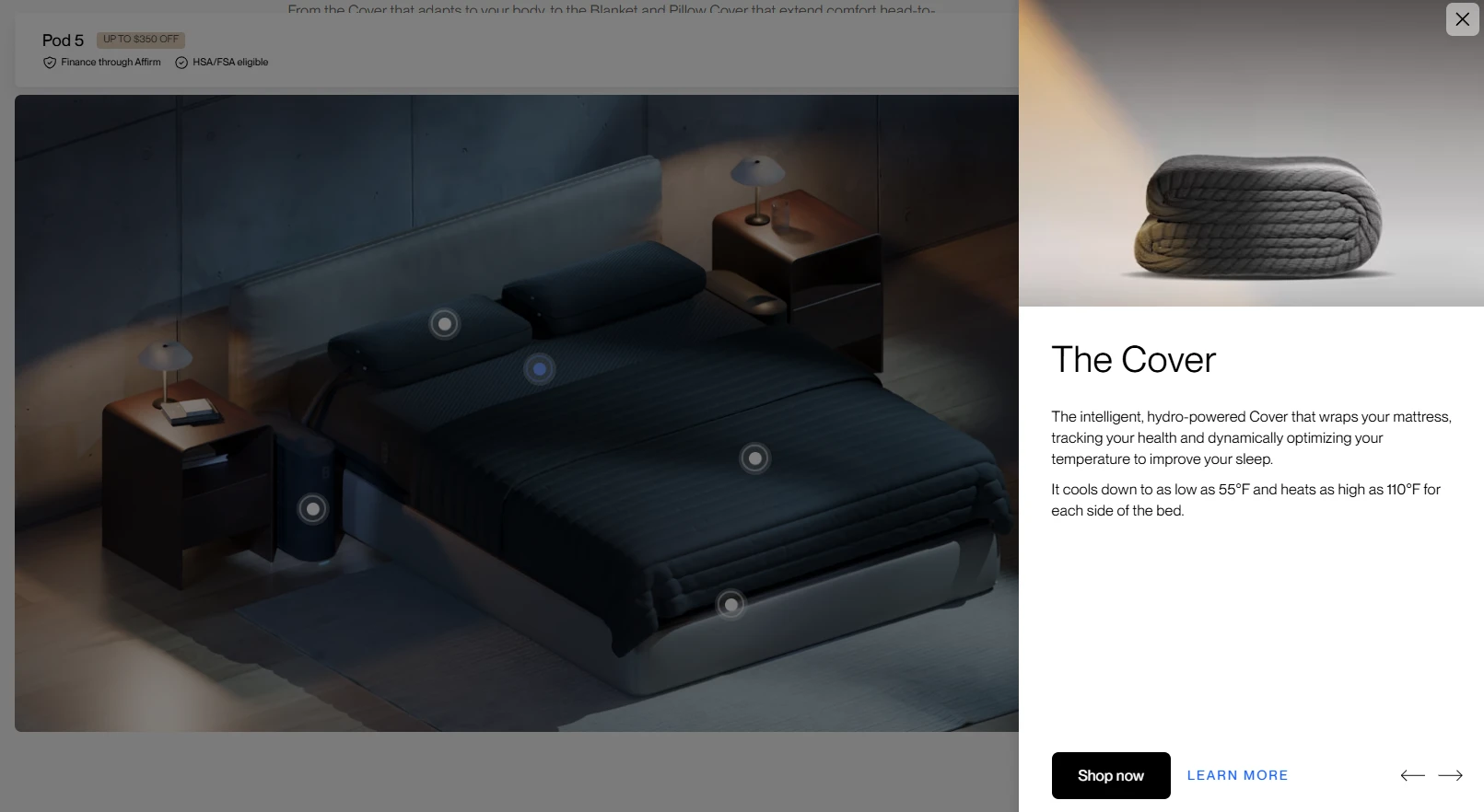 Eight Sleep Pod 5 cover product popup showing smart mattress cover on gray background