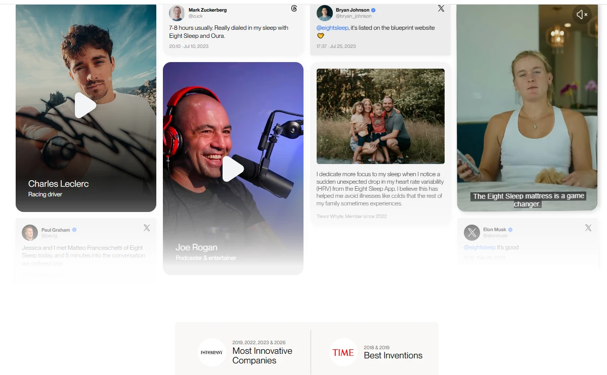 Eight Sleep social proof section with tweets and video testimonials from celebrities