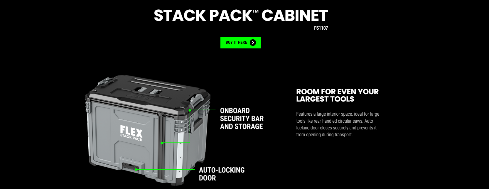 Flex Stack Pack Cabinet product image with security bar and auto-locking door features