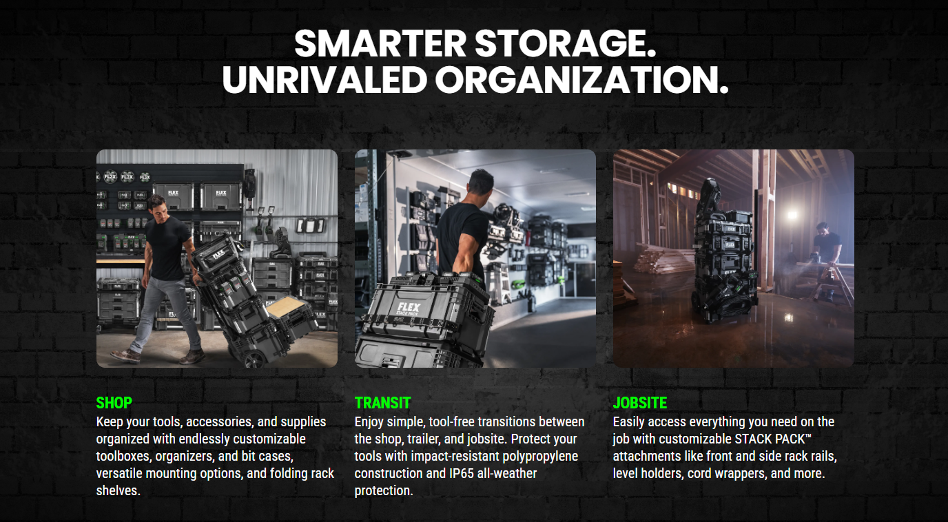 Three photos showing Flex Stack Pack used in shop, transit, and jobsite settings