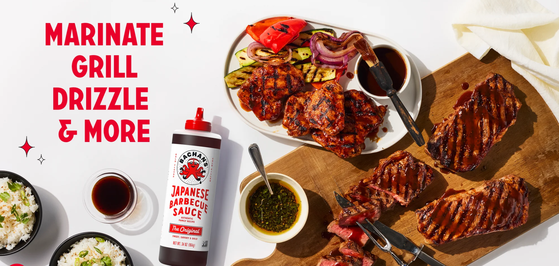 Bachan's Japanese BBQ sauce hero image with grilled meats, vegetables, and rice bowls