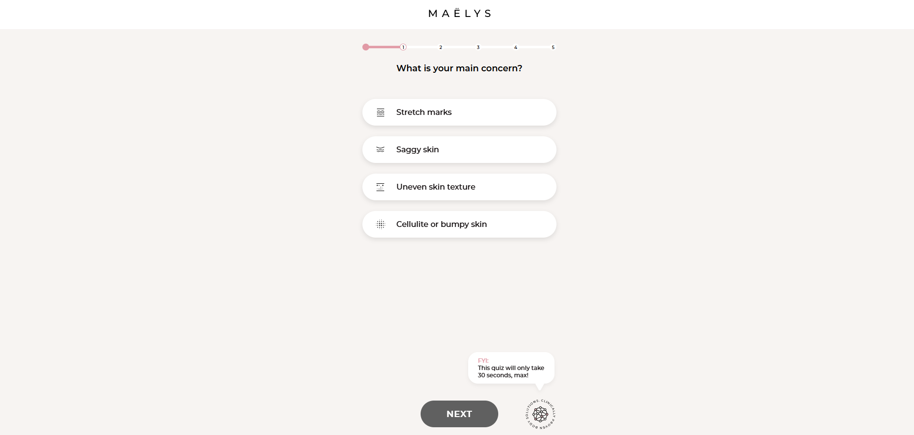 Maelys skincare quiz asking "What is your main concern?" with stretch marks and saggy skin options