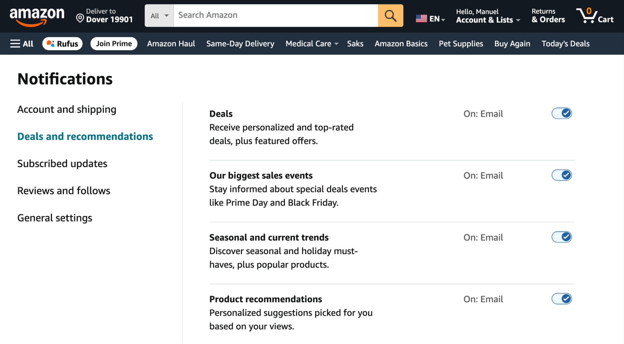 Amazon notifications page
