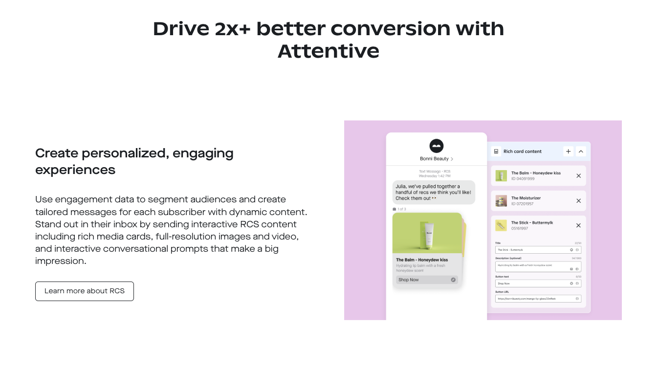 Attentive landing page for SMS marketing page
