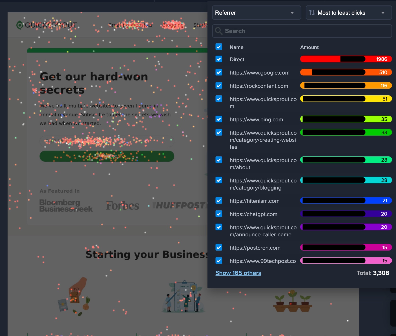 Filter click data menu in a clickmap. 