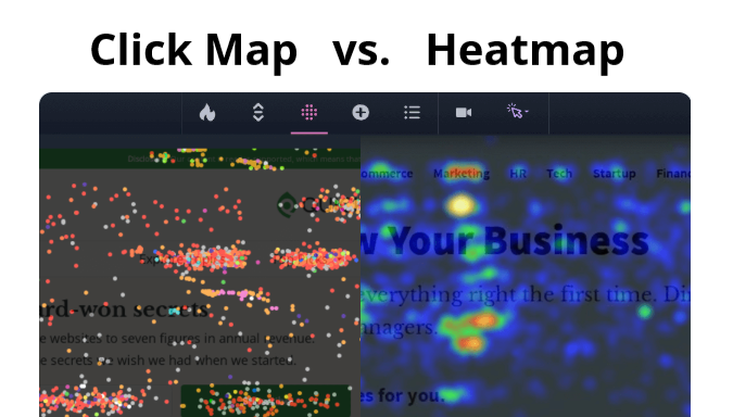 Graphic showing the difference between click maps and heatmaps. 